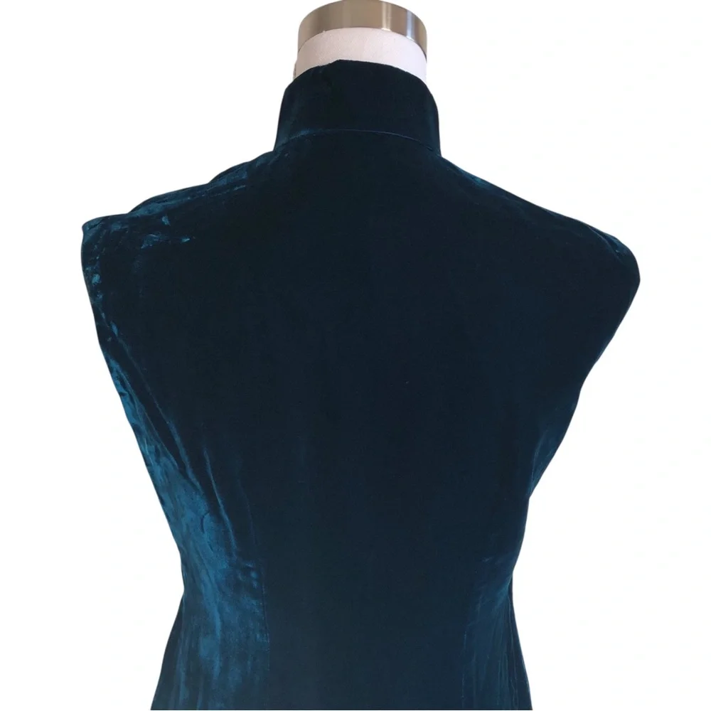 VINTAGE 90s Y2K Handmade Teal Velvet Mandarin Collar Sleeveless Mini Dress Small